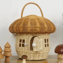 Rattan Mushroom Storage Basket Cute Cartoon Handwoven Nut Wicker Handbag Outdoor Picnic Women Tote Straw Bag Children Organizer