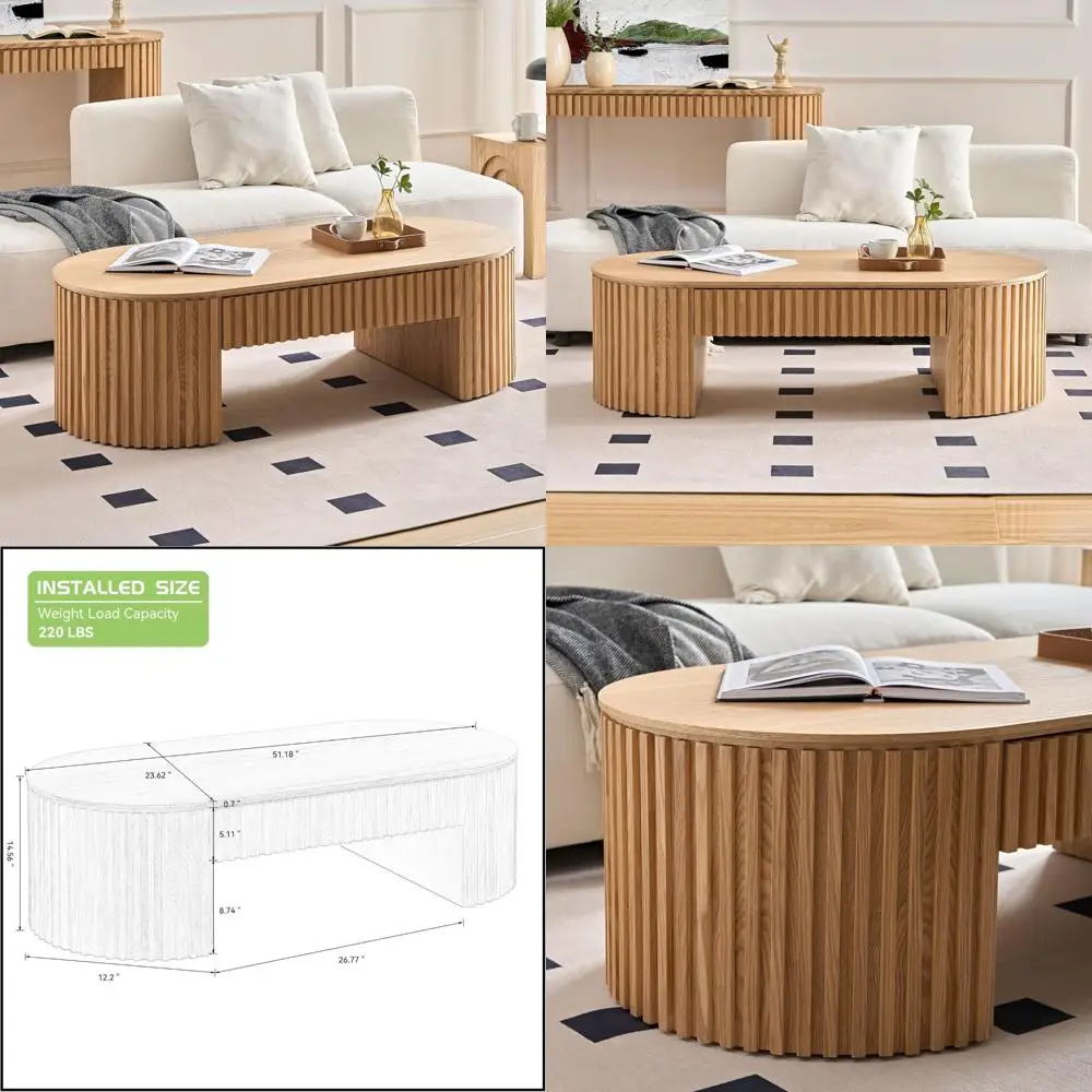 طاولة قهوة خشبية بيضاوية 51.18 باللون الأسود مع درج، طراز المزرعة لغرفة المعيشة والشقة (لمسة نهائية من خشب البلوط)