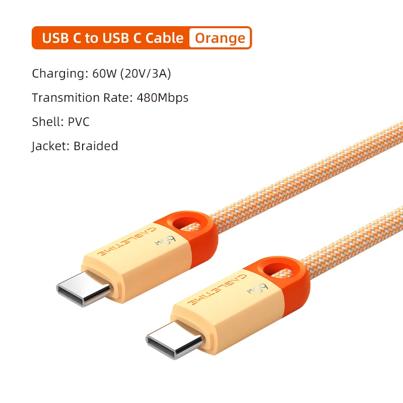 CABLETIME USB-C-auf-USB-C-Kabel, 60 W, 480 Mbit/s, Schnellladekabel, 3 A, geflochtenes Typ-C-auf-Typ-C-Kabel für Mobiltelefon, Laptop, Huawei