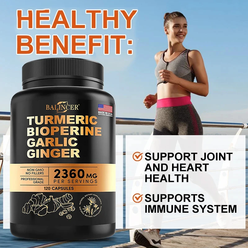 4-in-1 Turmeric Ginger Supplement with Pepperine 2360mg, Garlic Curcumin Black Pepper for Joints, Muscles, Digestion & Immunity