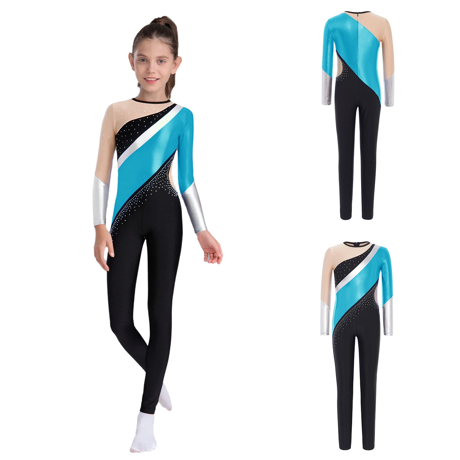 

Buttery Soft Gymnastics Leotard for Girls Metallic Color Block Long Sleeve Bodysuit Jumpsuit for Competition And Ice Skating
