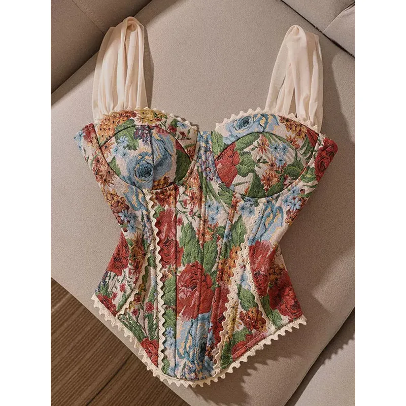 Vintage Flower Print Fishbone Camisole Women Strap Bandage Lace Spliced Slim Fit Corset Vest 2026 Chic Streetwear Lady Crop Tops