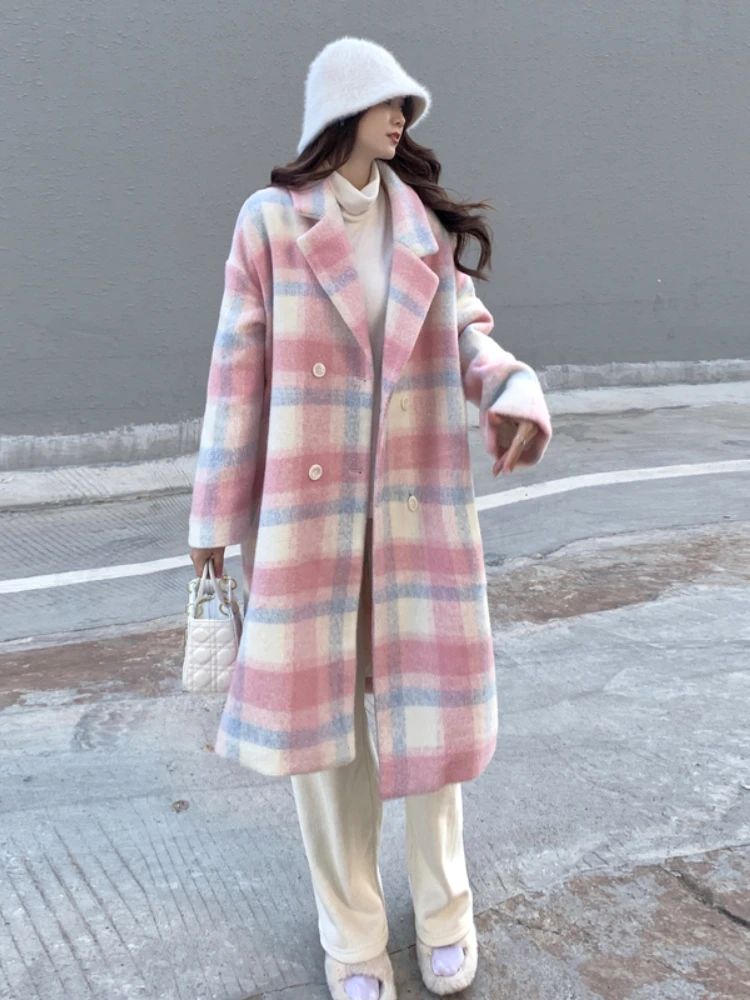 Plaid Rainbow Wool Coat Women Korean Fashion Loose Casual Long Trench Coat Female Elegant Warm Outwear Overcoat Winter 2022 New