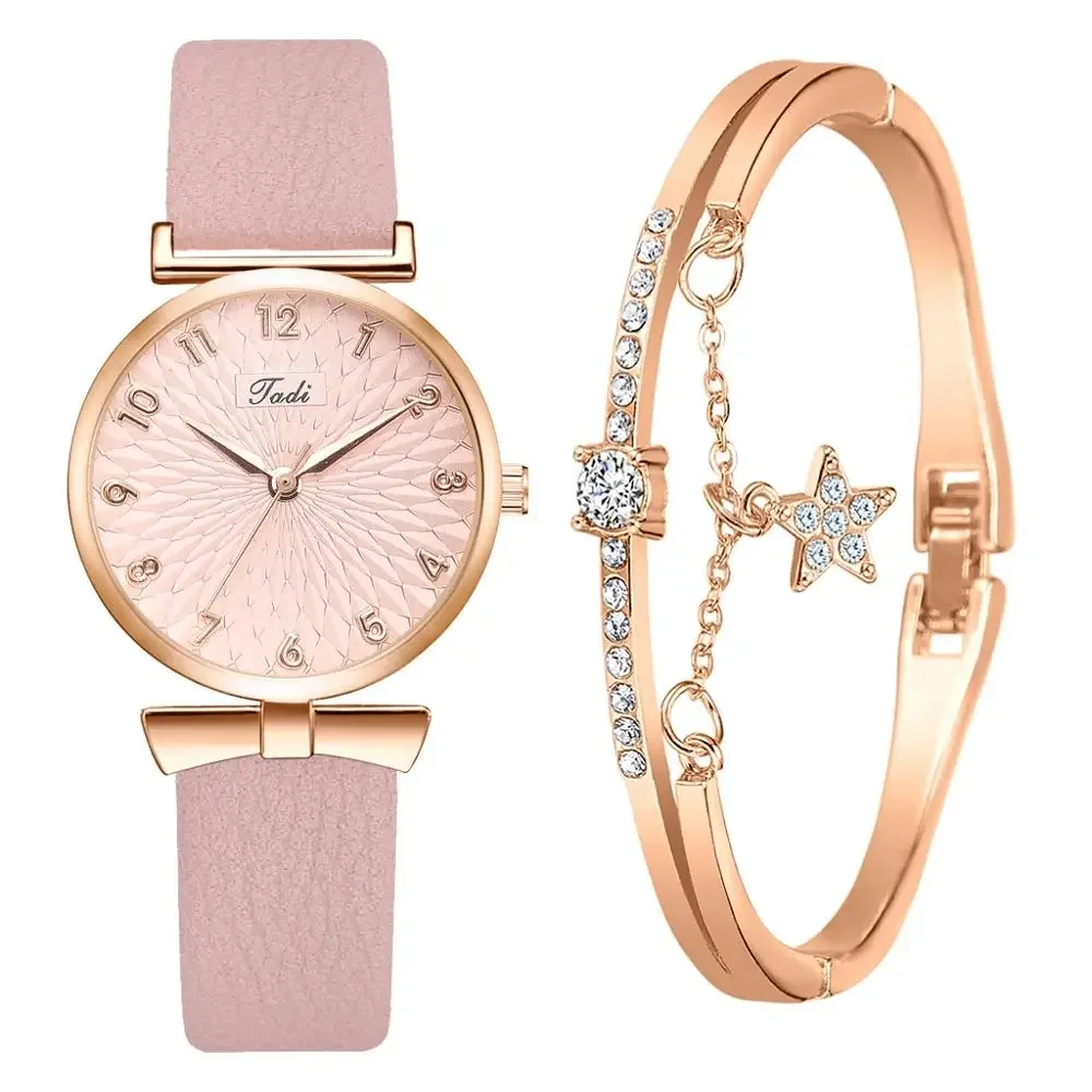 2PC Set Women Watches Bracelet Set Floral Dress Ladies Bracelet Watch Casual Simple Leather Quartz Watch Gifts Relogio Feminino