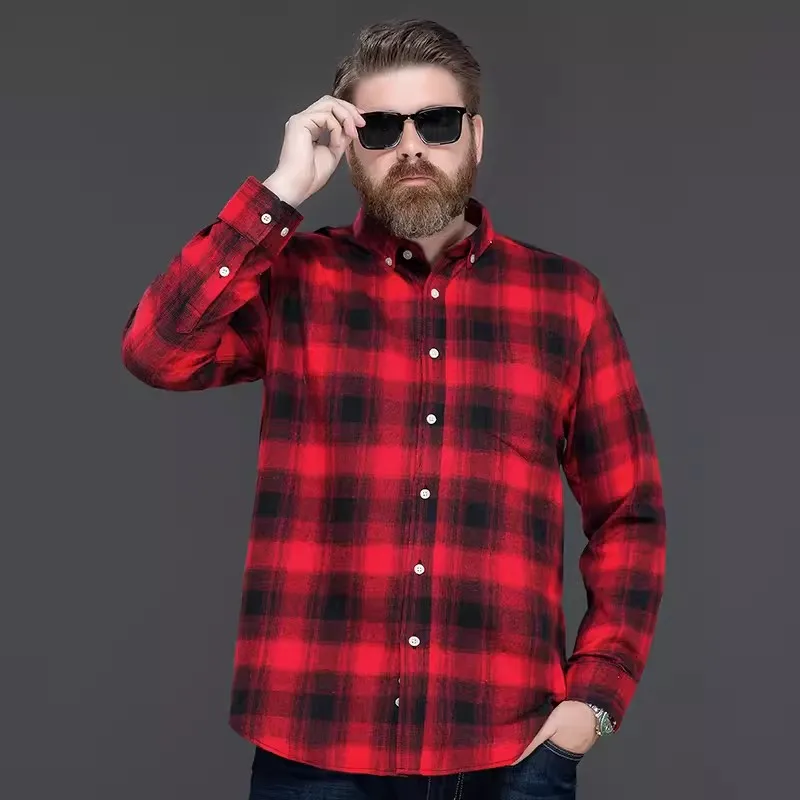 

autumn spring winter men plaid shirts long sleeve high-quality cotton shirt plus size 12XL 10XL 78 76 74 72 70 shirt pockets