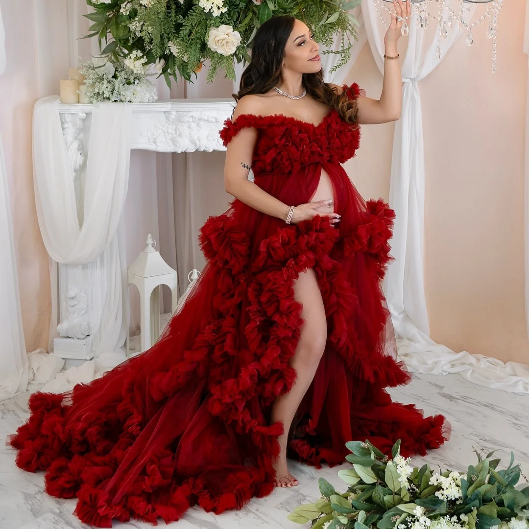 

Red Ruffles Prom Dresses Tiered Ruffles Tulle Slit Maternity Photoshoot Dress Boho Exquisite Baby Shower Gown Customized