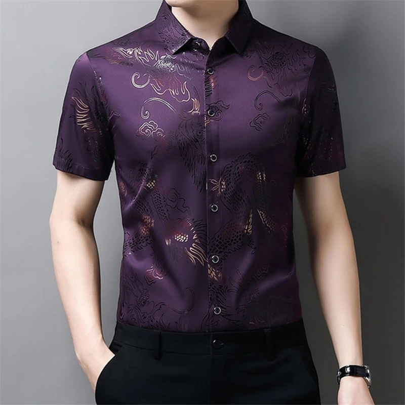 Men Vintage Chinese Style Dragon Print Short Sleeve Button Shirts 2023 Summer Fashion Business Casual Slim Tops Y2K Ropa Hombre