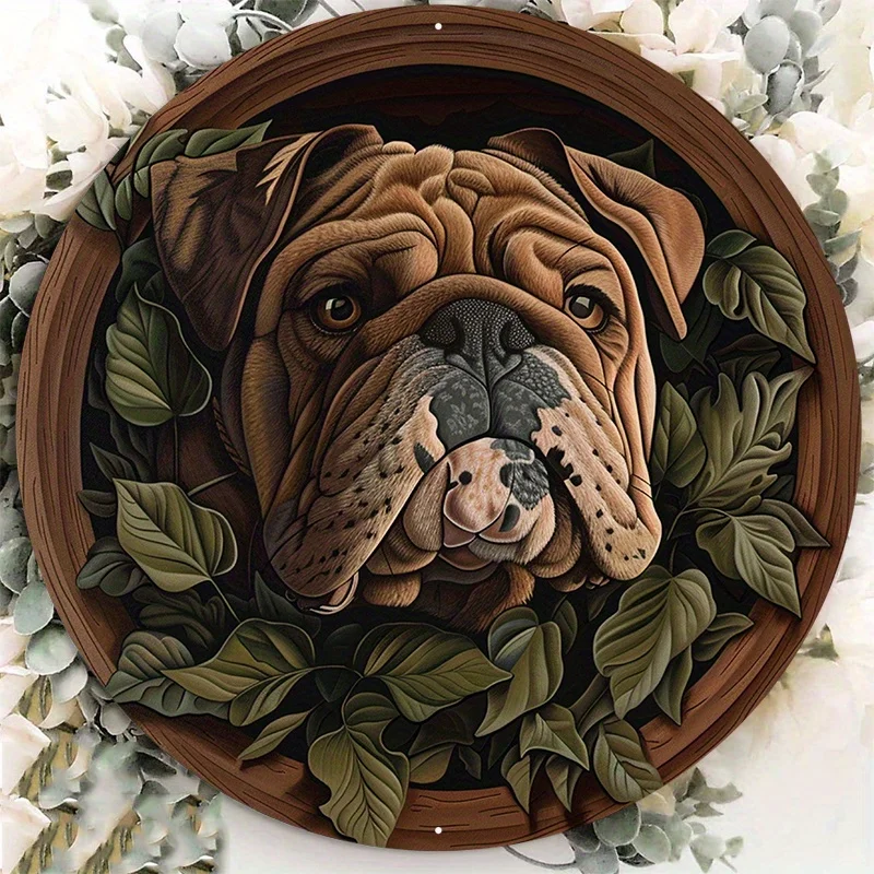 

Aluminum Circular Metal Sign Plaque, The Bulldog with Leaves in a Circular Frame, Wall Art, Home Decor, 8x8Inch, 1Pc