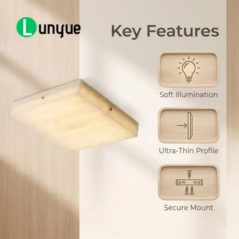 Natural Translucent Marble Embedded LED Ceiling Light Rectangular Iron Ultra Thin 50cm Spanish Style For Bedroom Corridor
