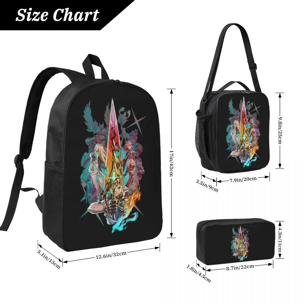 Xenoblade Chronicles 2 - Team Backpack Boys Girls BookBag School Bag Laptop Shoulder Bags 3ps Insulated Lunch Bag Pencil Case