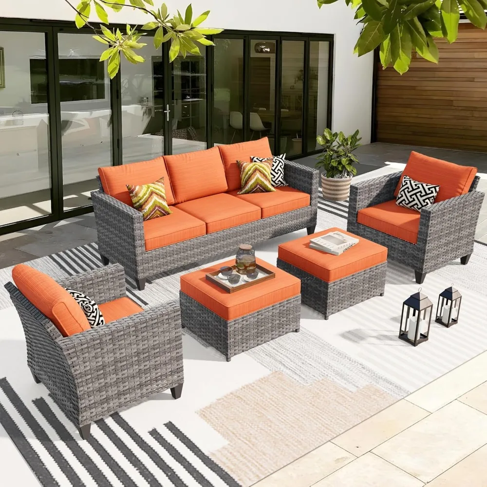 

Patio Furniture Set, 5 Pieces Outdoor Wicker Rattan Sofa Couch with Chairs, Ottomans and Comfy Cushions, All Weather High Back