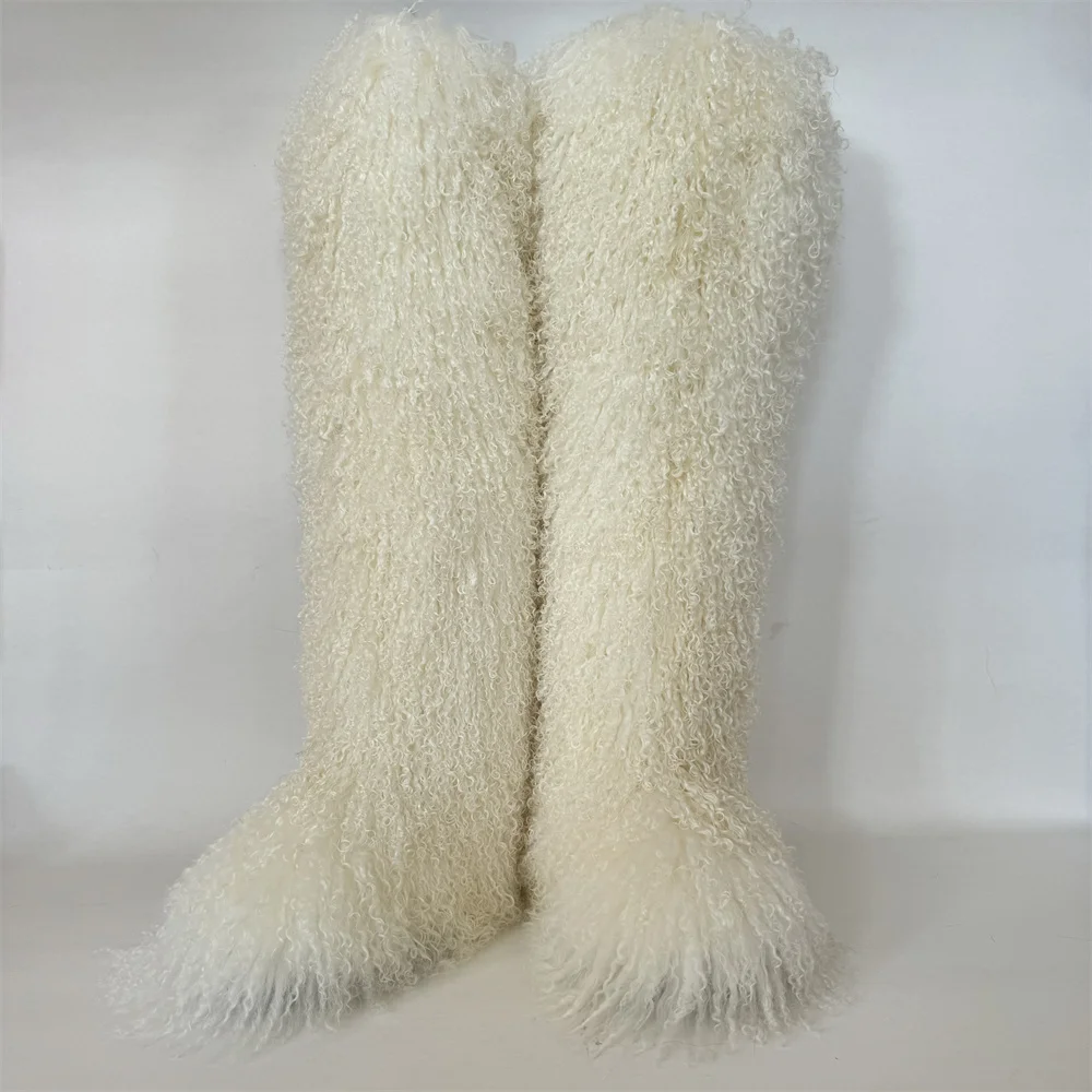 Women Long Mongolian Fur Boots Winter Warm Thick Sole High Boots Fluffy Fur Over-the-knee Fashion Outdoor Snow Boot