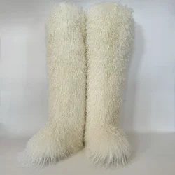 Women Long Mongolian Fur Boots Winter Warm Thick Sole High Boots Fluffy Fur Over-the-knee Fashion Outdoor Snow Boot
