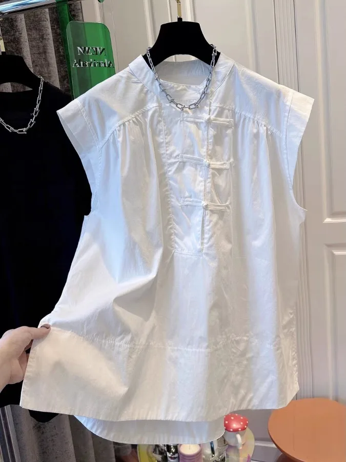 Loose Casual White irt Women's Summer Svel Hoodie Thin New Chinese Sle National Wind Button Design Thin Top