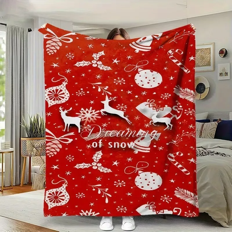 Winter Holiday Decor Throw Blanket Festive Red Base White Reindeer Snow‑Flake Xmas Ornament Bell Candy Pattern Soft Blanket