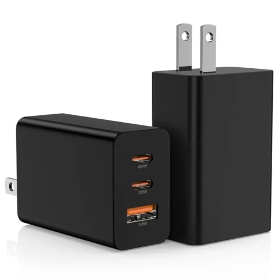 2Pack 65W USB C Wall Charger Block, 3-Port USB C Charging Adapter 100W Type C er Fast Charging Power Plug Cube for Book Pro/Air