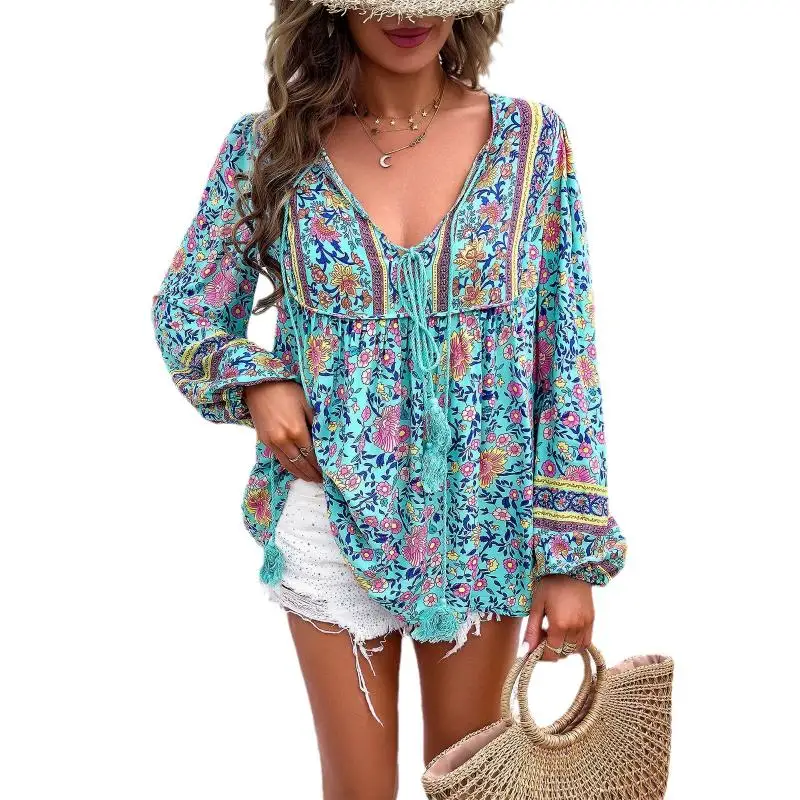 Bohemian Women Shirt Loose Blouse Long Sleeve Tees Vintage Tops Fashion Figure Streetwear Beach Vacation Female Clothing