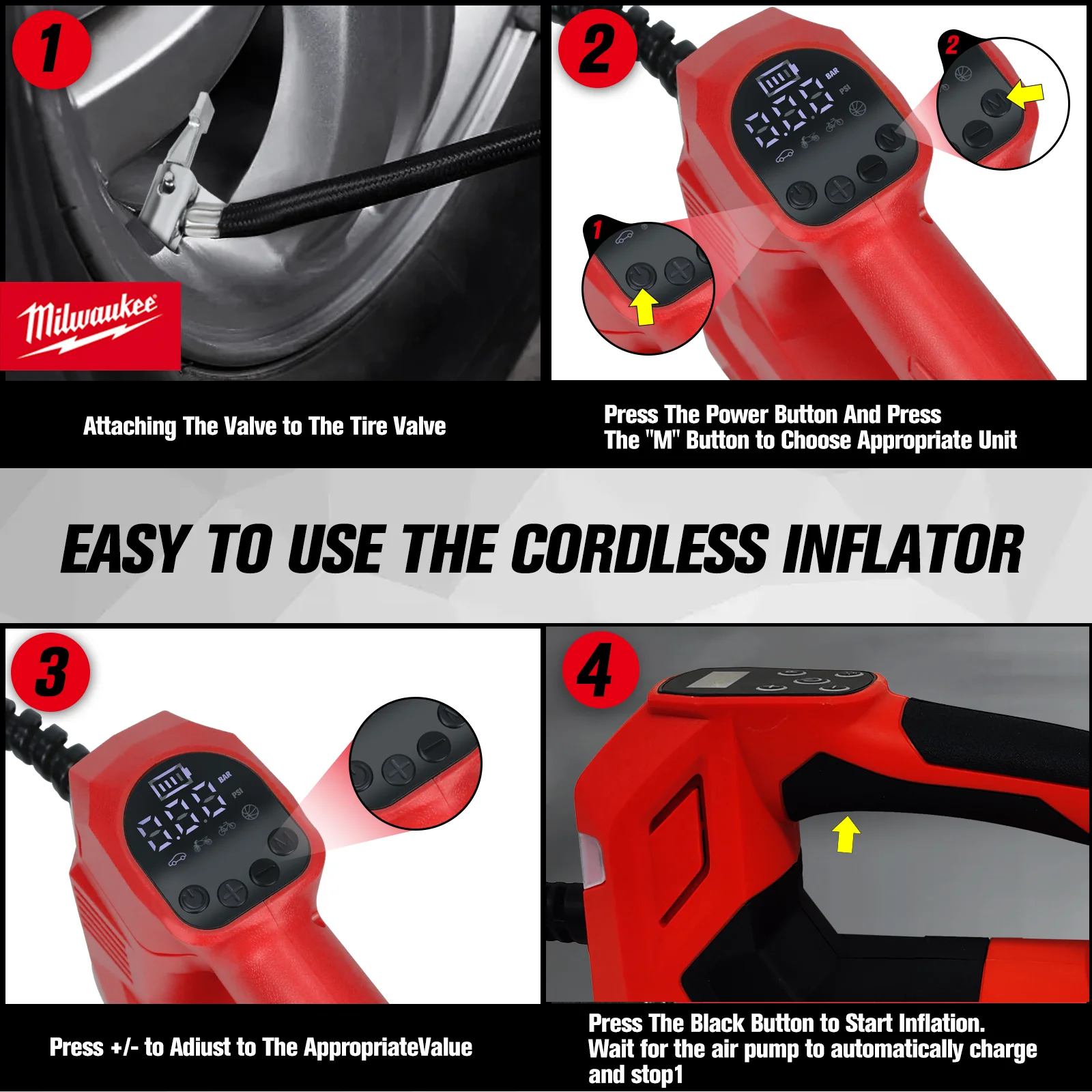 Compressor de ar inflador de pneus Milwaukee para Milwaukee 18V Bateria 150PSI Bomba de ar elétrica sem fio com medidor de pressão digital