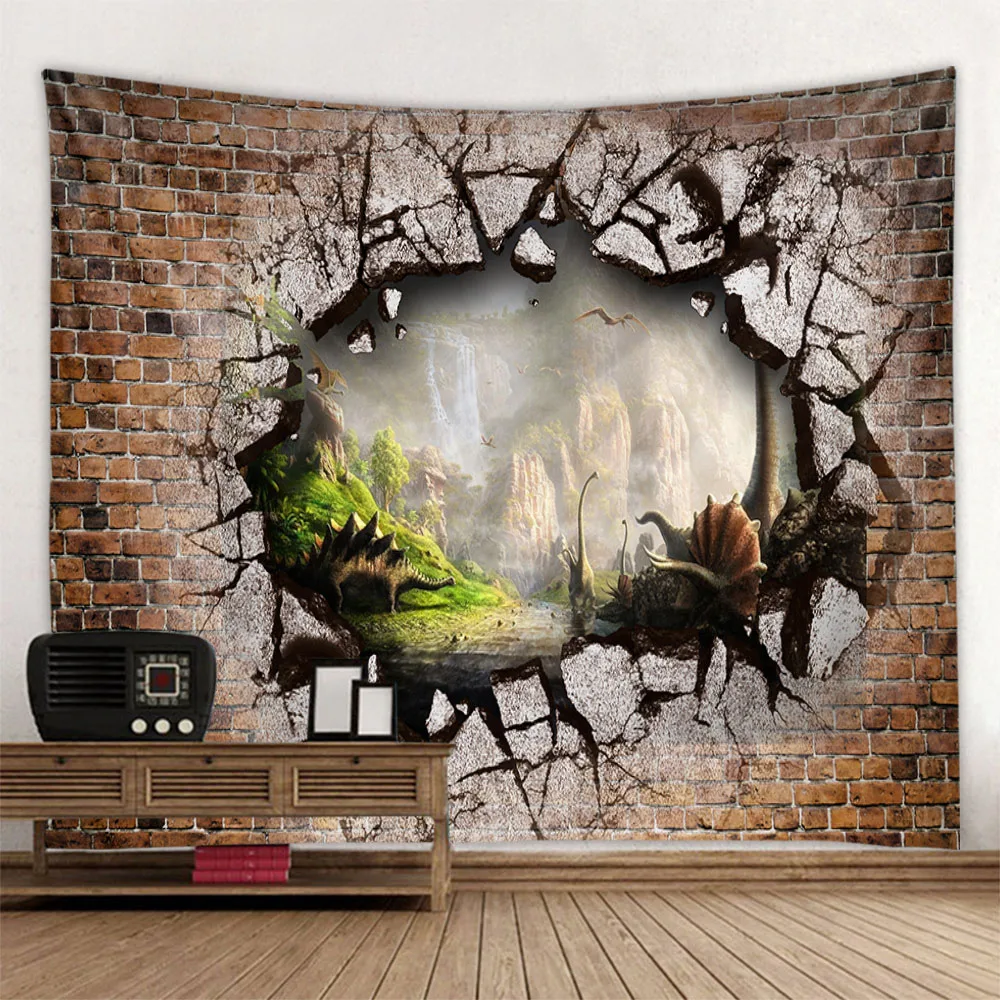 3D stone wall dinosaur landscape tapestry wall hanging cartoon home decoration background cloth dormitory living room bedroom