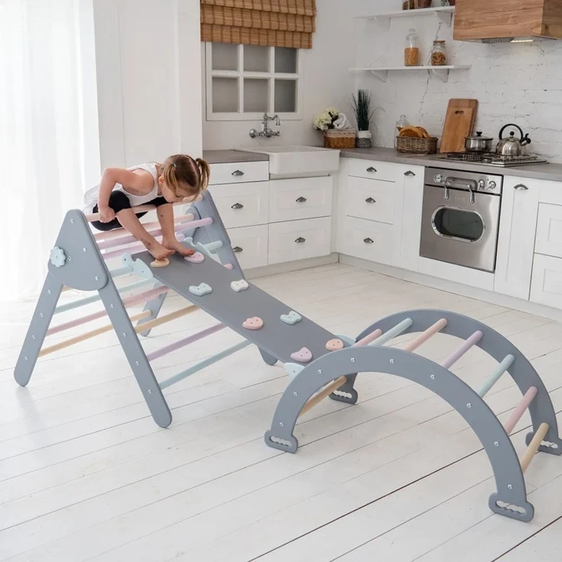

3 in 1 Set Climbing Triangle Belt Arched Ramp Safety Toddler Wooden Toys Children's Climbing Leather Rack Indoor Fitness Toys