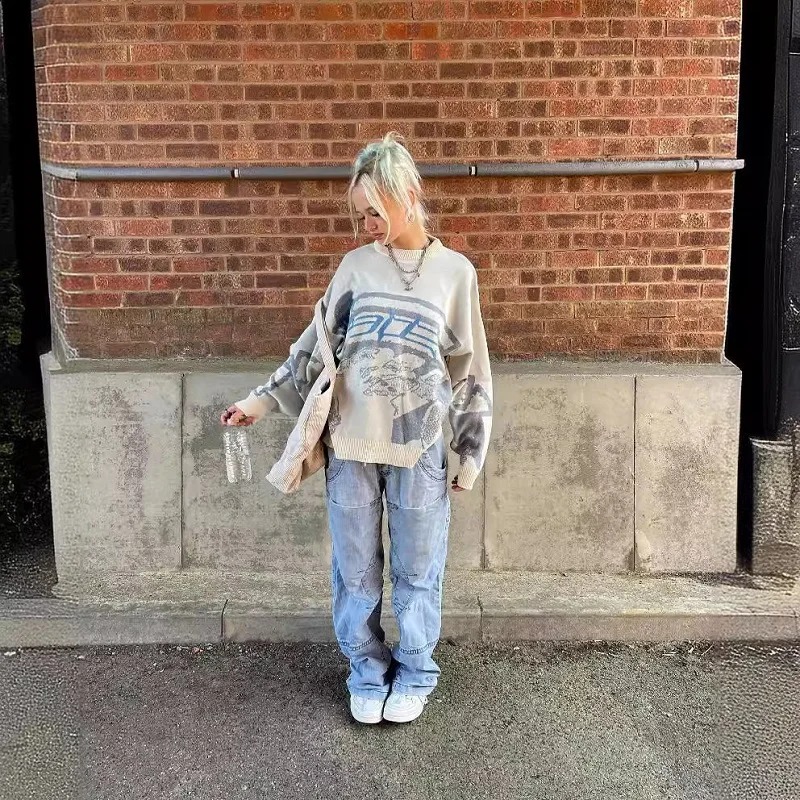 Damskie dzianinowe kreatywne paski Streetwear Maiden ponadgabarytowe męskie swetry w stylu Harajuku swetry O Neck dzianina odzież męska
