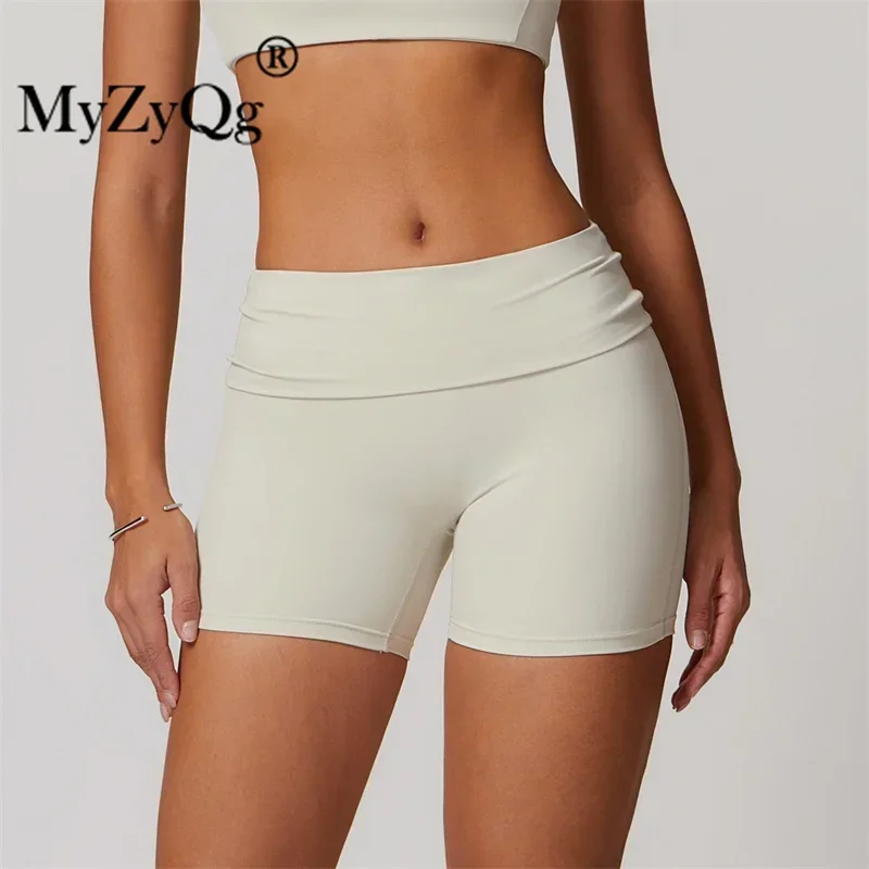 MyZyQg Summer Outdoor Sports Yoga Shorts Women Tight Tummy Tightening Outer Wear Flip Fold High Waist Hip Lifting Fitness Pants