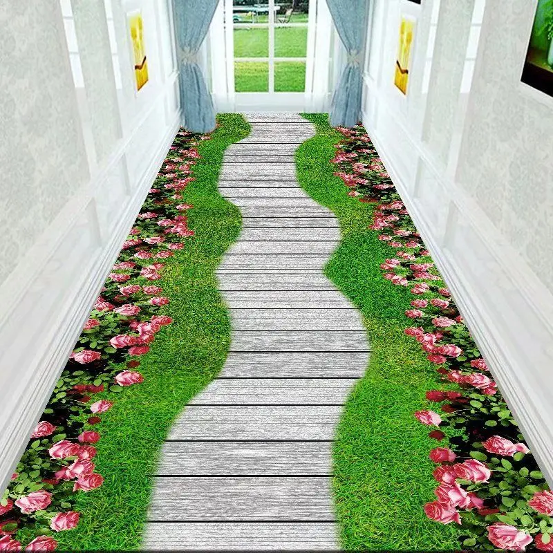 3D Corridor Green Garden Path Long Carpet Living Room Decoration Home Aisle Non-Slip Floor Mats Modern Luxury Entryway Decor Rug