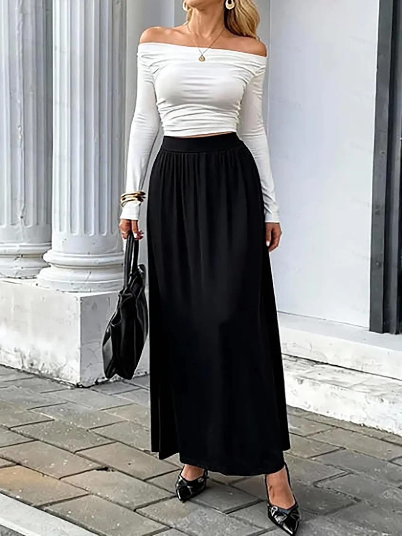 French Style Black A-Line Midi Skirt for Women Autumn Winter High-End Sense Long Hem Semi-Skirt Elegant Casual Women Long Skirts