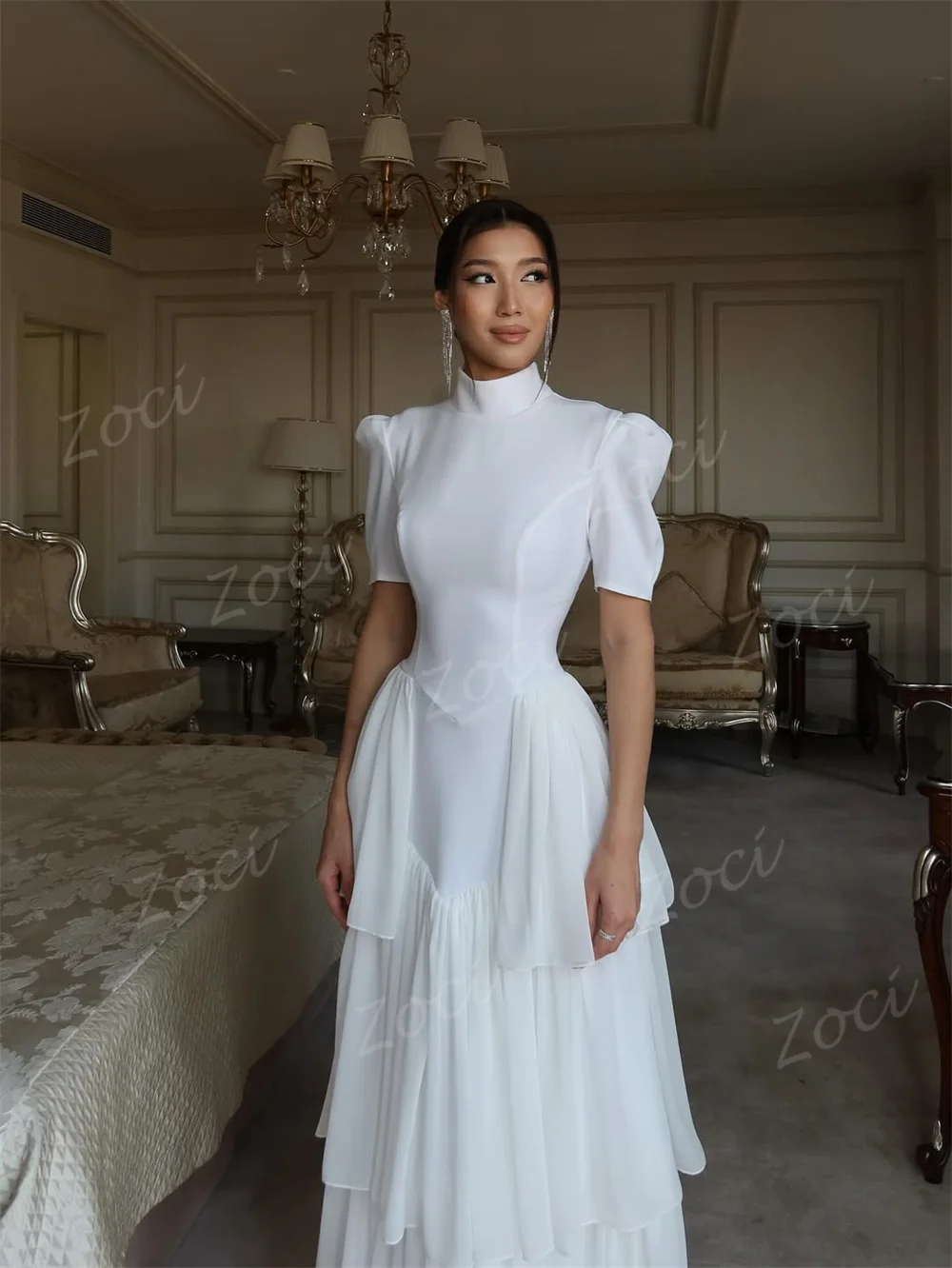 Zoci Modest Arabic Customized Long Wedding Dresses Short Sleeve Corset Women Evening Dress Tiered Special Occasion Gowns 2026