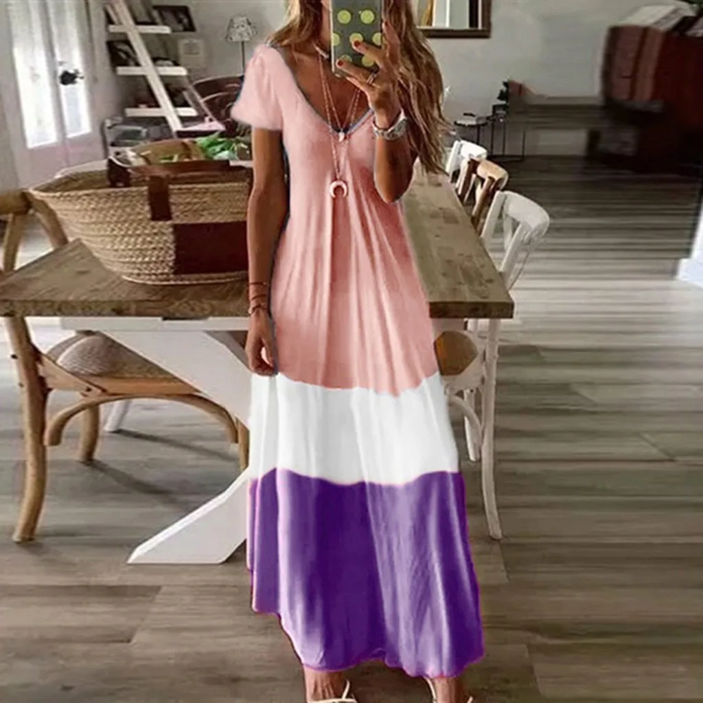 2025 Spring Patchwork Women's Long Dress Casual Short Sleeve V-neck Dresses Female Fashion Trendy Loose Beach Clothes Ladies