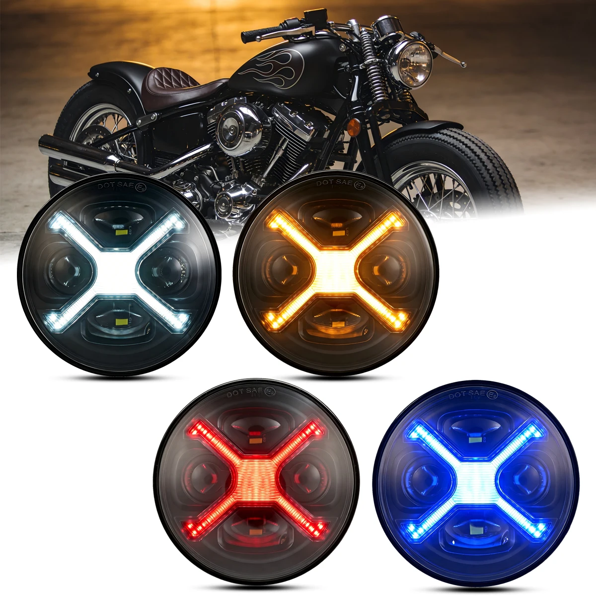 5-3/4 5.75 Inch LED Motorcycle Headlight Smoked X-Style DRL Compatible with 883 48 72 XG500 XG750 Wide Glide Indian Scout