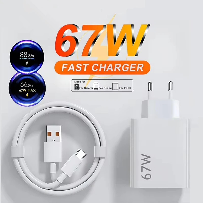 

67W 6A Turbo EU Fast Charger Quick Charging Cable For Xiaomi 11 12 13 14 15 17 Pro Max Redmi Note 11T 12T 13 POCO X6 Type-C USB