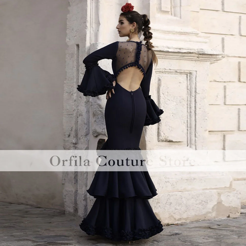 Black Flamenca Evening Dress Mermaid Long Sleeves V Neck Ruffles Skirt Gypsy Prom Dance Dress Formal Ceremony Party Gowns