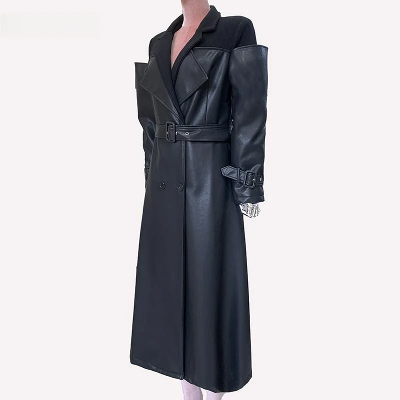 秋冬ロングウールチェック柄PUレザージャケット女性のエレルーズスーツ襟ファッショナブルなアウターコート女性