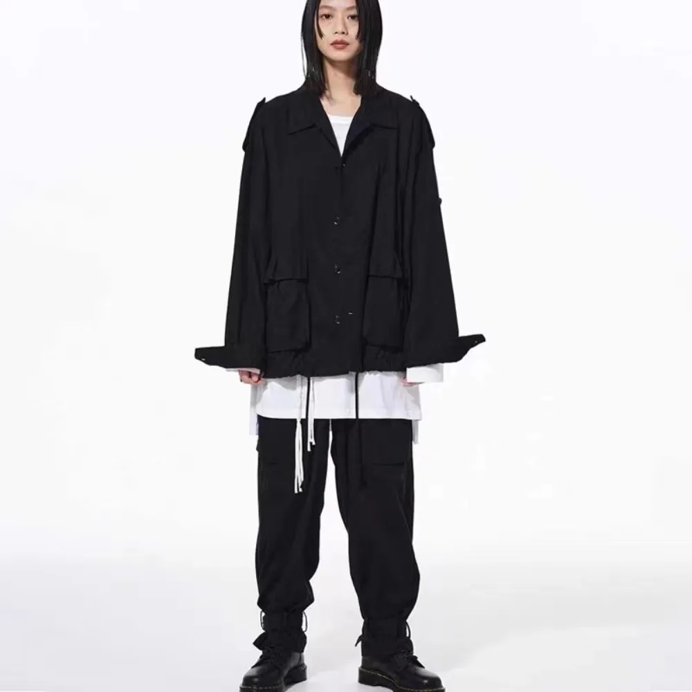 High Street Elastic Waist Pants Men's Dark Style Ankle Pants with Multiple Pockets Streetwear Casual Loose Pants