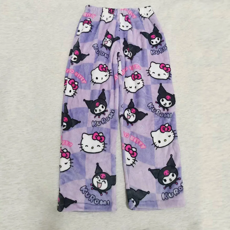 sanrio New Flannel Cartoon Kuromi Hellokitty Sleeping Pants For Women Autumn/Winter/Spring Home Casual Pants Purple