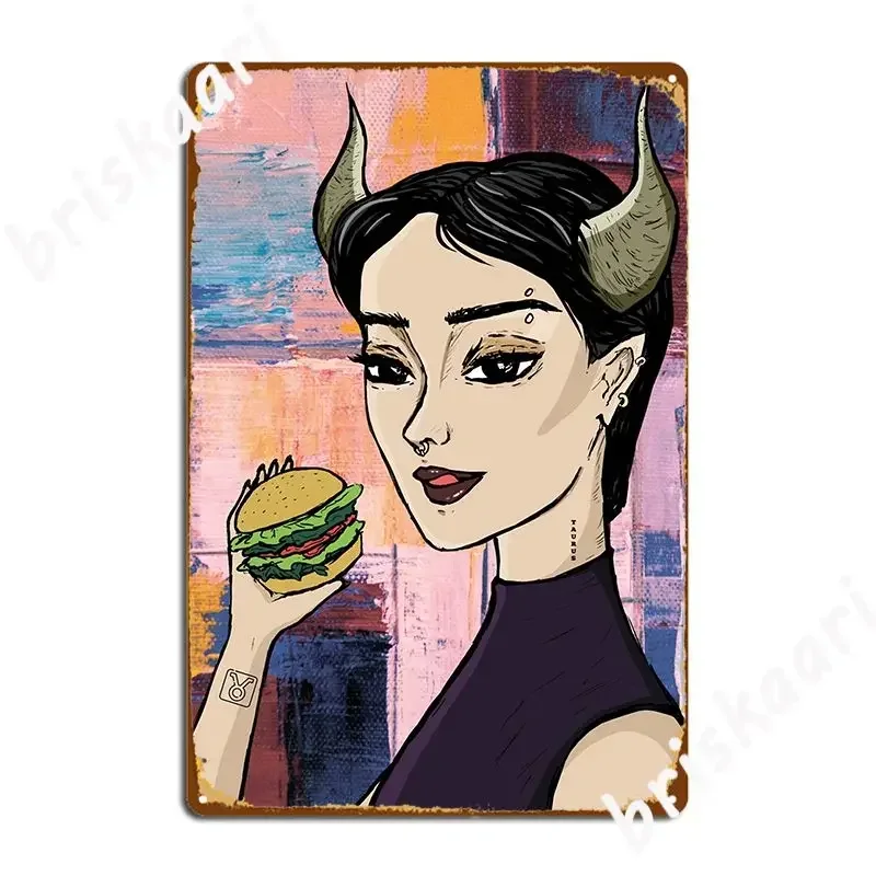 Taurus Girl With Burger Metal Plaque Design Wall Cave Wall Decor Kitchen Design Tin Sign Poster