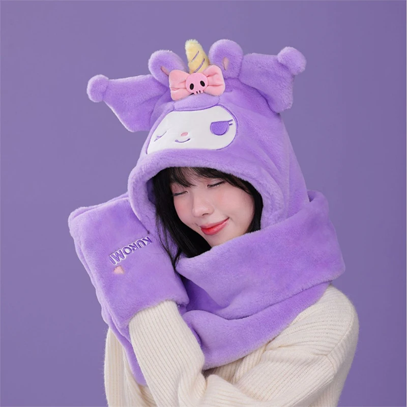 Miniso Kuromi My Melody Winter Woman Hat Scarf Gloves Three Piece Teenage Girl Cap Neck Cover 3-In-1 Set Mother-Girl Warmer Gift