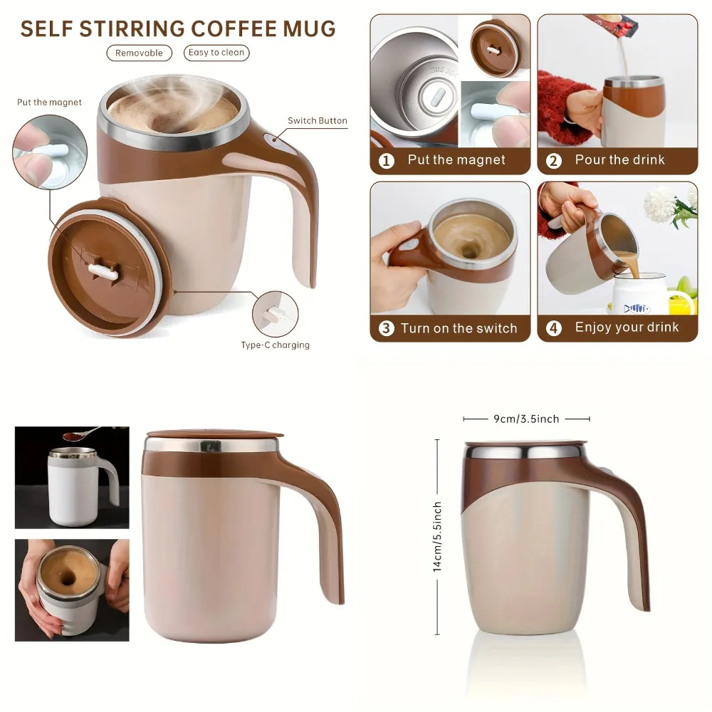 

C0012-Coffee color Automatic Mixing Cup Large Capacity Lazy Magnetic Rotary Cup Battery Type Coffee Cup Portable Cup