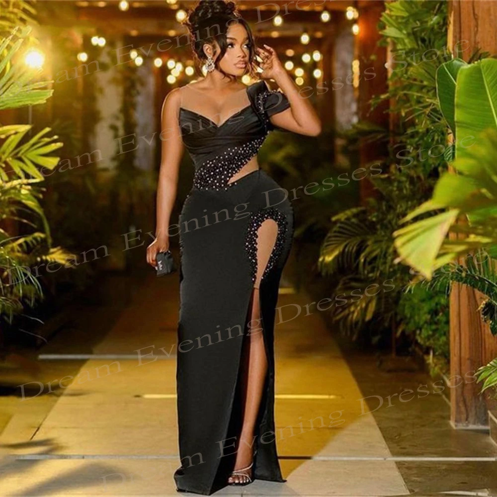 Sexy Black Mermaid Classic Evening Dresses One-Shoulder Satin Sleeveless High Side Slit Prom Gowns Robes De Soirée Formal Party