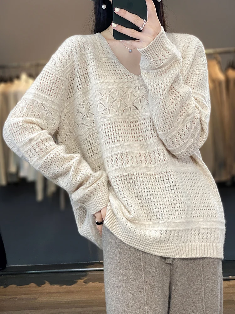 100% Merino Wool V Neck Hollow Cable Knit Sweater Women Loose Fit Soft Knit Pullover Elegant Casual All Match Knitwear