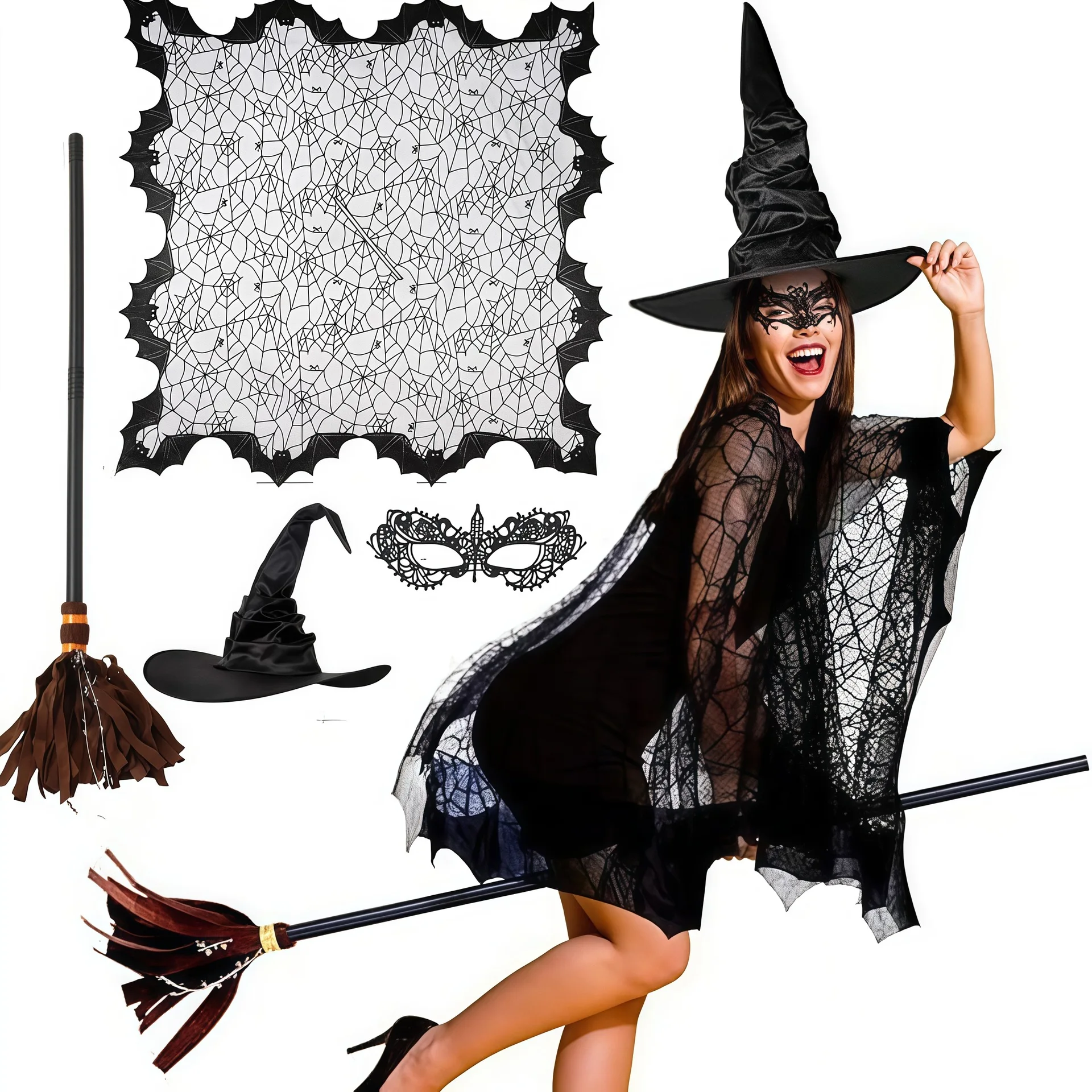 Accessoire de costume de sorcière – Ensemble de costumes de sorcière d'Halloween avec chapeau de cape en dentelle, masque de mascarade et balai pour femmes