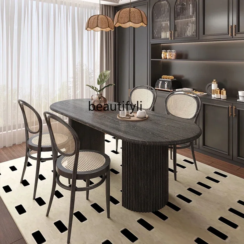 

Q Japanese Style Solid Wood Dining Tables and Chairs Set Oval Black French Classical Nordic Home Small Apartment