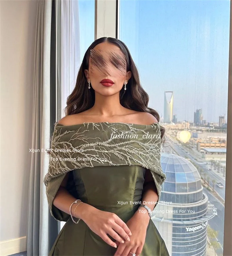 Xijun Green Satin Luxury Evening Dresses Boat Neck Beads Prom Dresses Prom Gowns Saudi Arabric Dubai Prom Gowns Long Party Gown