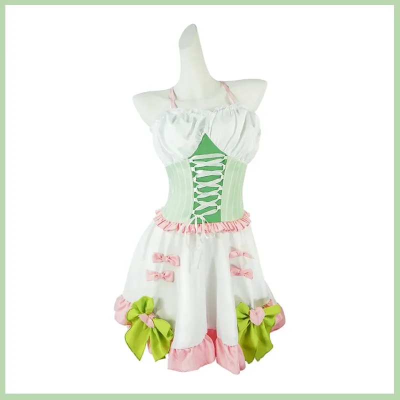 Disfraz de Anime Kanroji Mitsuri, Kokyuu Doujin, vestido de sirvienta con hombros descubiertos, calcetines, peluca, traje de fiesta de Carnaval Kawaii Sexy para mujer if;3