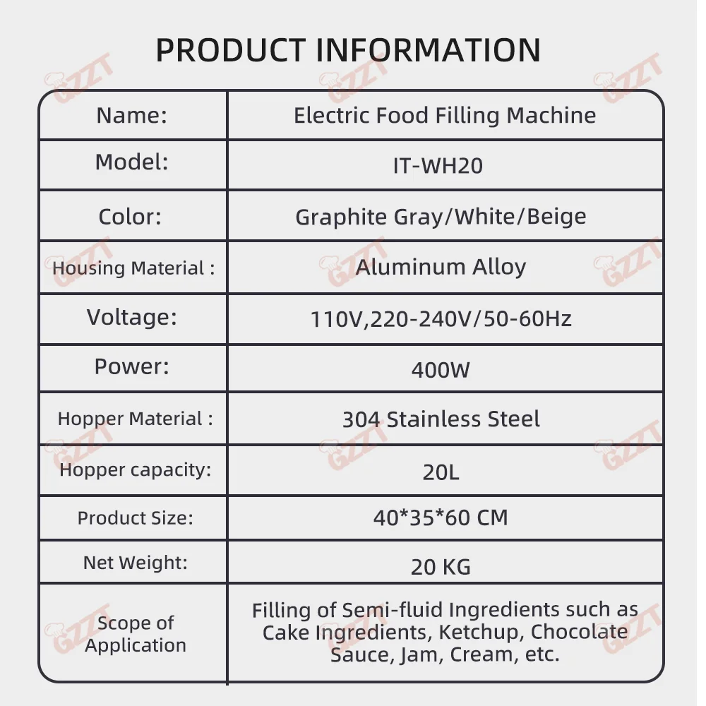GZZT WH20 20L Electric Food Filling Machine Automatic Jam Sauce & Cream Dispenser Jam Filling Machine Food Processor