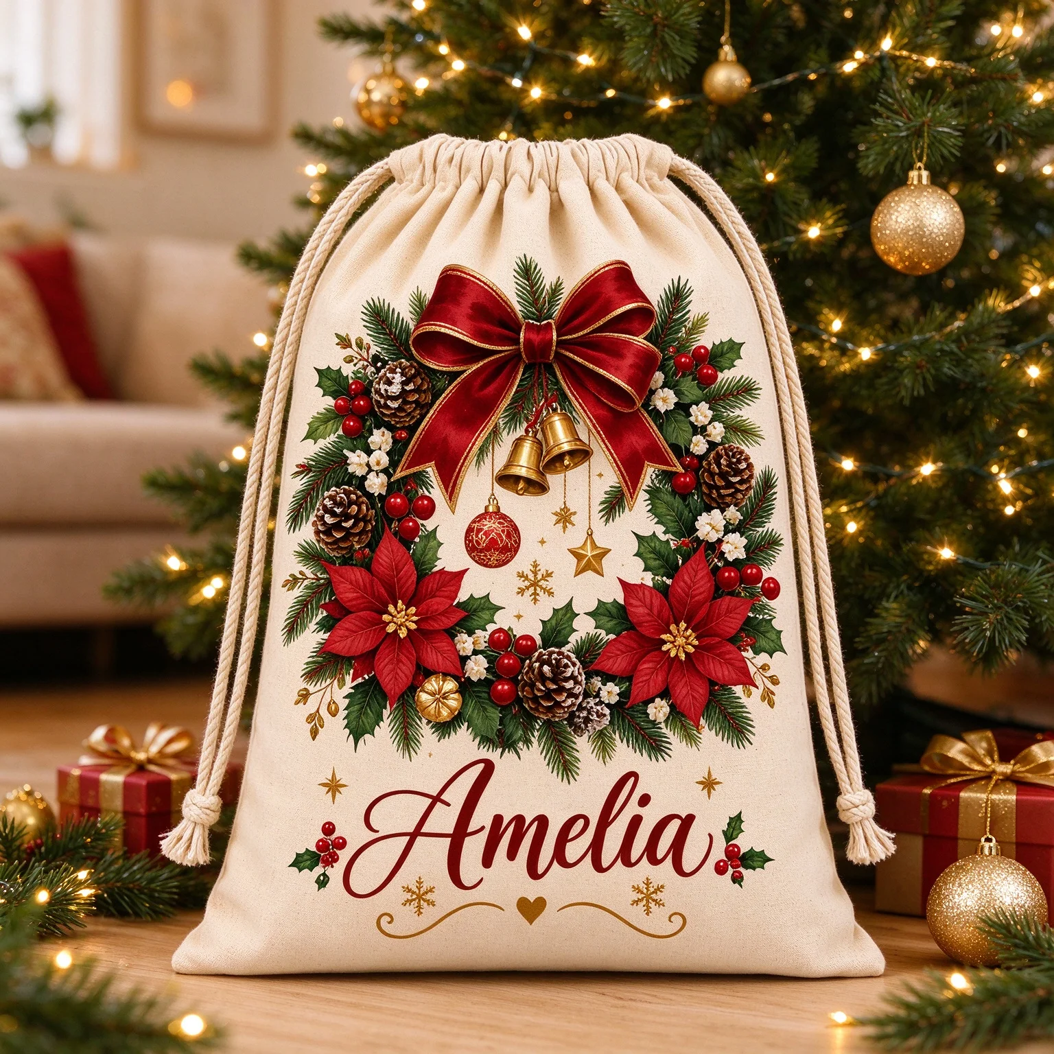 Christmas Bow Bell Poinsettia Drawstring Bag, Personalized Name Gift Sack, Xmas Holiday Gift Pouch for Family