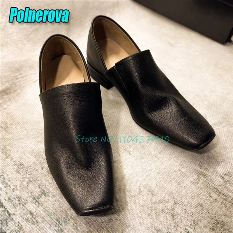 Retro Genuine Leather Thick Heel Pumps for Women Summer Shallow Square Toe Casual Loafers Fashion Comfortable Soft Soled Mules