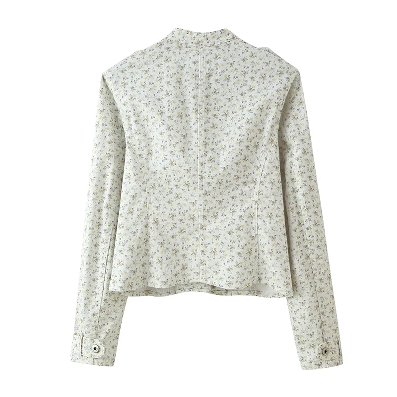 New Women Long Sleve Stand Collar Fitted Floral Print Jacket Vintage Casual Autumn Outerwear