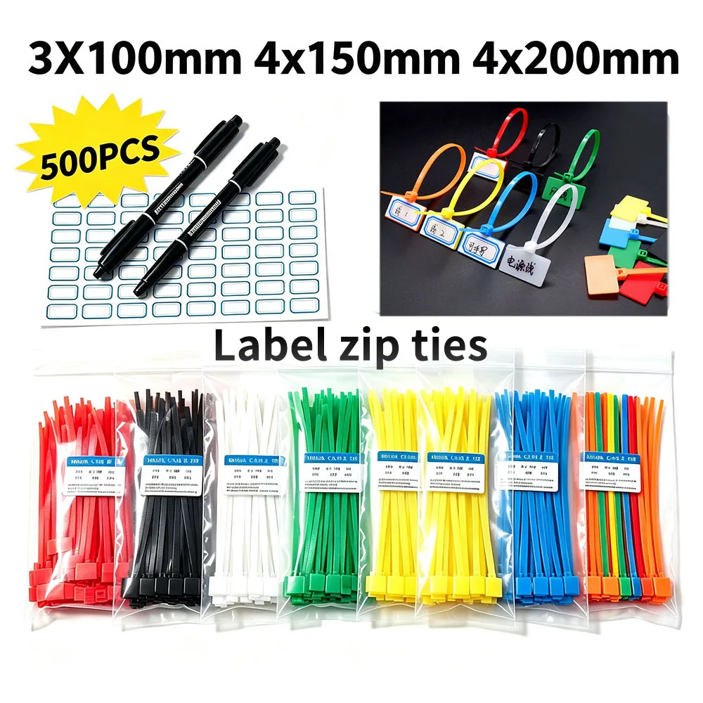 500PCS Nylon Cable Tie Tag Label Plastic Loop Markers Cable Self-locking Fixing Zip For Home Office Garden Available in 7 colors